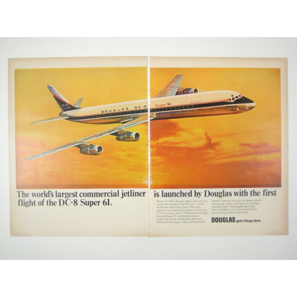 Douglas DC8 Super 61 First Flight Vintage 1960s Airline Sunset Sky Ad Print 2 PG